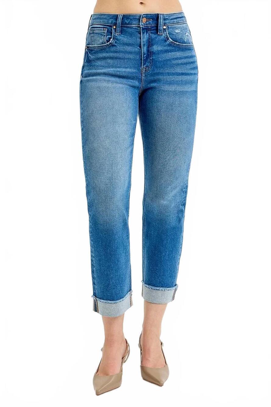 NEW RISEN women's high rise boyfriend fit ankle jeans in blue